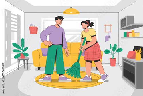 Illustration of a couple cleaning a living room with plants, a couch, and a hanging light fixture
