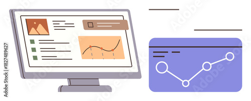 Computer screen with analysis charts, graph, to-do list, and side analytic window. Ideal for data analysis, business insights, productivity tools, statistics, reporting planning simple flat