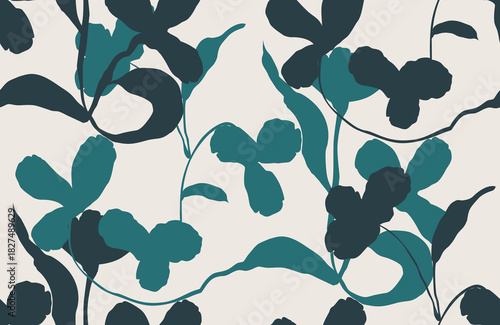 Abstract flow floral organic shapes silhouette seamless pattern dual tone green. Modern nature botanical design.