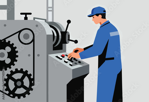 An illustrative depiction of a worker operating machinery. He's at a control panel near a complex mechanical setup