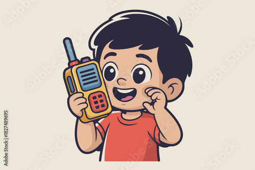 A cheerful cartoon boy holds a walkie-talkie to his ear, smiling with excitement, on a neutral background