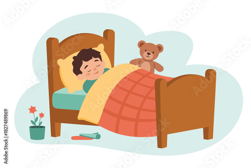 A child sleeps soundly in a wooden bed, a teddy bear watches over. Flowers sit bedside. Cartoonish style
