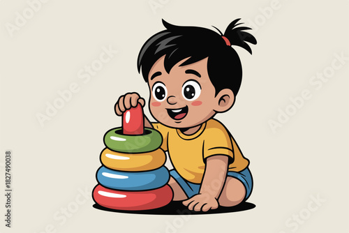 Cartoon illustration depicts a smiling toddler playing with a colorful stacking ring toy. Set on a neutral background