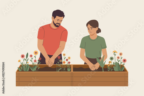 Illustration of a man and woman planting flowers in a raised wooden garden bed, with vibrant blossoms