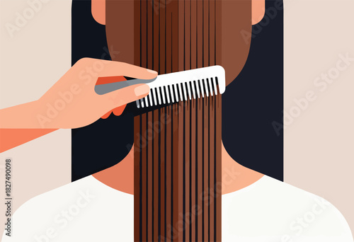 An illustration depicting a hand combing long brown hair with a white comb, showing part of a person