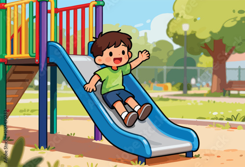 A cheerful cartoon child slides down a playground slide on a sunny day with green trees and grass nearby