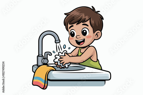 A cartoon boy happily washes his hands at a sink, water flowing, soap suds, a towel nearby