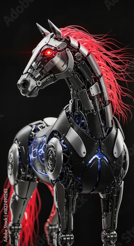 A hyper-realistic image of a robotic iron horse with a red mane and glowing red eyes on a dark background. The symbol of 2026 is the Red Horse.
