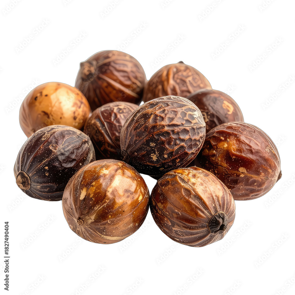 Obraz premium A pile of whole nutmeg seeds displayed against a stark black background.