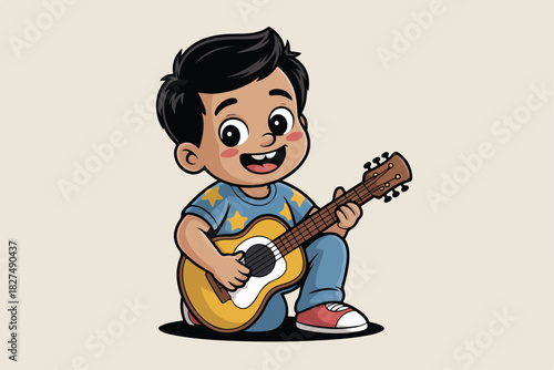 Cartoon illustration of a cheerful child playing a guitar, kneeling on one knee, against a cream background