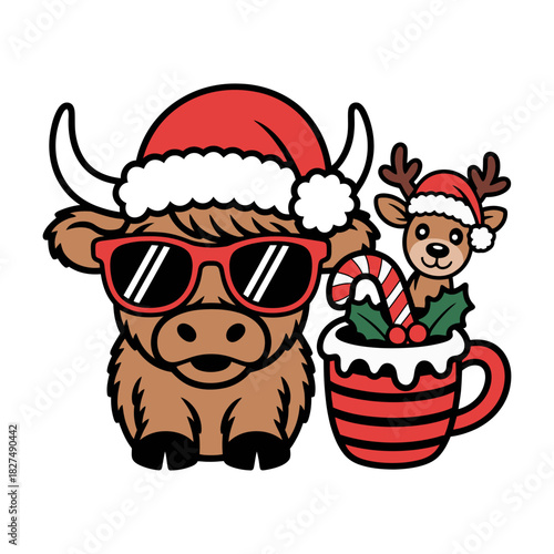 Highland Cow and Reindeer Christmas Cartoon Illustration