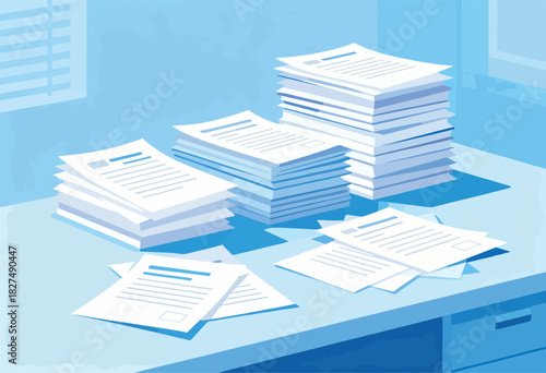 A blue-toned illustration depicting various stacks of papers on a desk in a workspace with a window