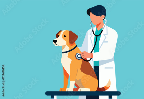 A veterinarian uses a stethoscope on a dog during a check-up, on a turquoise background