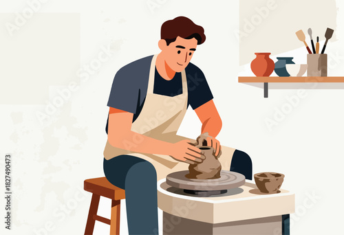 An illustration of a man crafting pottery on a wheel, he wears an apron. A shelf holds clayware