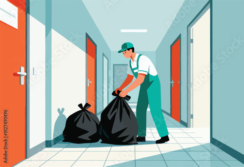 An illustrated janitor in a teal uniform lifts a trash bag in a hallway with red and white doors