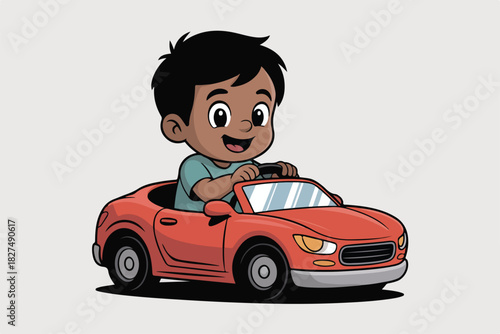 Cartoon of a joyful child driving a red car on a gray background, smiling, looking excited