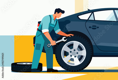 An auto mechanic in blue overalls, working on a dark-colored car's tire, spare nearby. Simple illustration