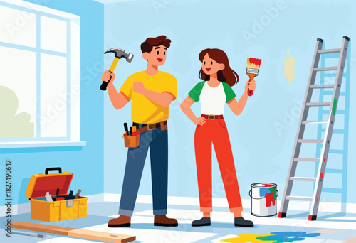 A couple, tools in hand, stands ready to renovate a room. A ladder, paint, and toolbox complete the scene