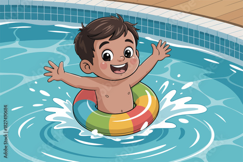 A cartoon child floats in a pool with a colorful inflatable ring, arms raised with splashing water and bright smile