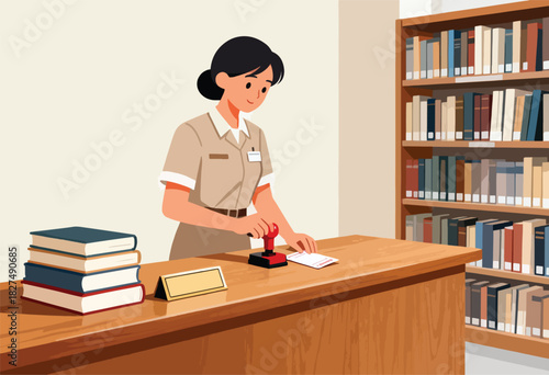 A librarian stamps a document at her desk. Bookshelves are in the background, with a stack of books on the counter