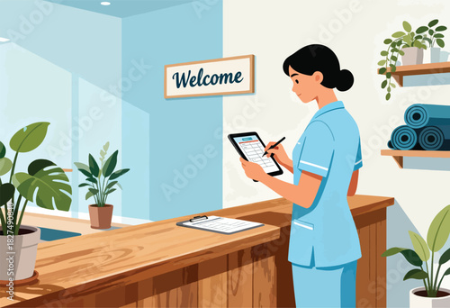 A receptionist in a light blue uniform stands at a wooden desk with a welcome sign and plants, writing