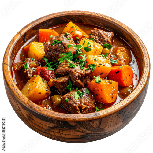 Hearty beef stew in wooden bowl isolated on transparent background