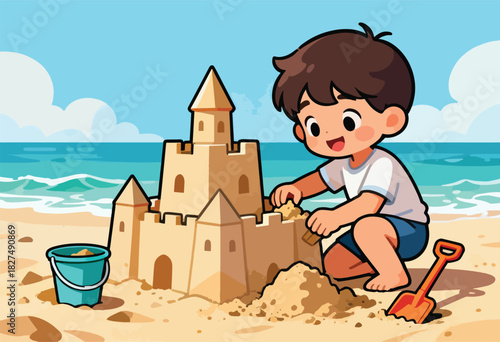 Cartoon child building a sandcastle on a beach, with bucket, shovel, and ocean backdrop