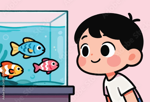 Cartoon illustration of a child observing colorful fish in an aquarium, set against a pink backdrop
