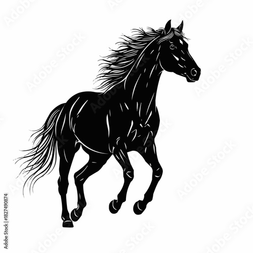 Majestic Black Horse Galloping with Flowing Mane and Tail.