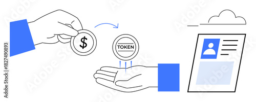 Token exchange concept. Visualizing digital tokens swapping for currency linked to identity systems. Token-based transactions used in finance, blockchain, and authentication fields. For fintech