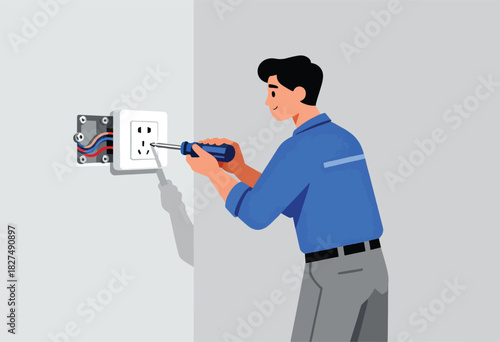 An electrician fixes a wall socket with a screwdriver, wires exposed. A shadow appears on the wall