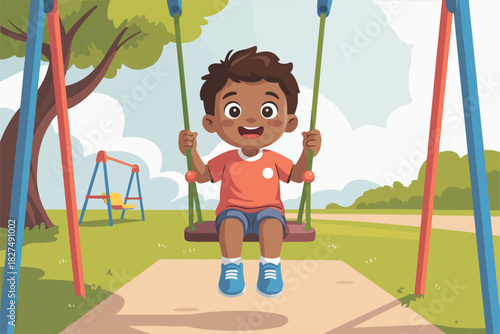 A joyful young boy on a swing set in a park smiles widely. Other playground equipment is in the background