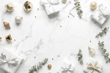 Elegant marble background with a Christmas or celebration border of white gifts presents, gold ornaments, and eucalyptus leaves, perfect for a holiday or luxury promotion.