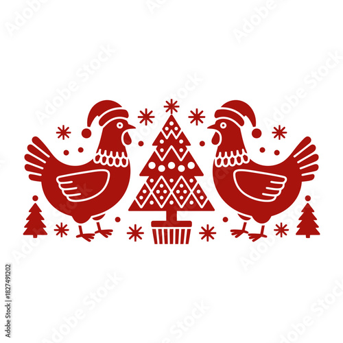 Chickens with Christmas Tree Holiday Scene Illustration