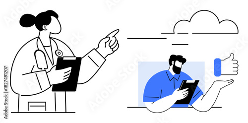 Doctor holding clipboard interacting with distant patient using technology, feedback represented with thumbs up. Ideal for telemedicine, remote consultation, healthcare innovation, virtual support