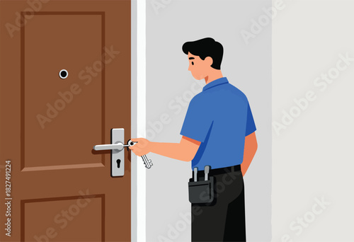 A man unlocks a brown door, holding keys. He wears blue top, black pants, tools on hip, stands by light gray wall