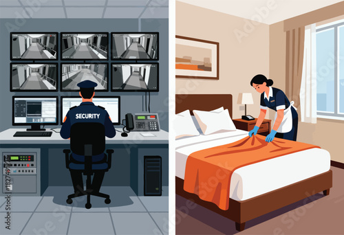 A split image showing security monitoring cameras and a hotel maid tidying a room