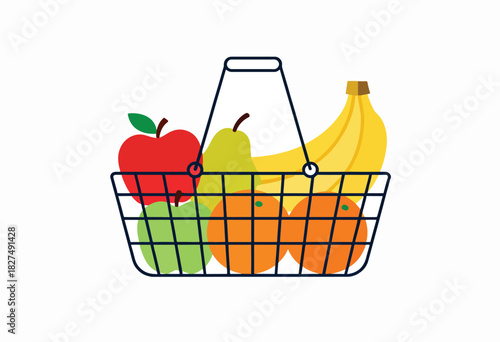 A stylized illustration of a wire basket overflowing with assorted fruit, including apples, oranges, pears, and bananas