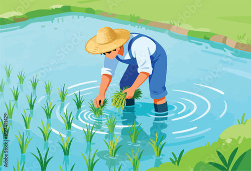 A farmer in straw hat, overalls, plants rice seedlings in a flooded field