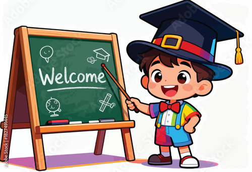 A cartoon child wearing a cap points to "Welcome" on a chalkboard, representing education and greeting