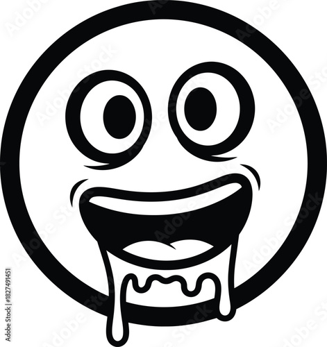 A black and white cartoon graphic of a crazed drooling smiley face with wide excited eyes and a huge open mouth.