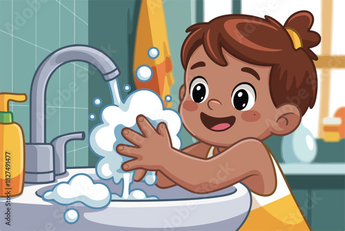 A cartoon child is happily washing hands with foamy soap in a bathroom scene, showing hygiene