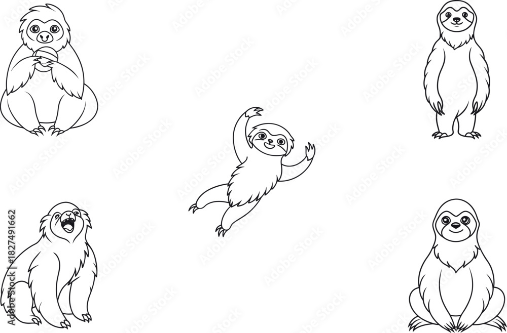 Fototapeta premium Different poses of sloths blank line art set vector