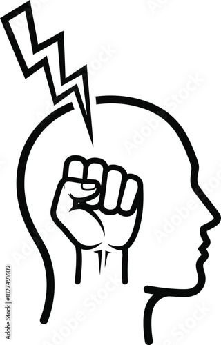 A black line art icon of a human head profile with a clenched fist inside struck by a powerful lightning bolt.