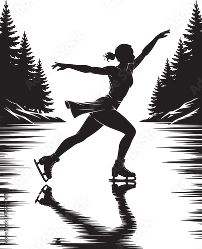Figure skater silhouetted against pine trees on ice