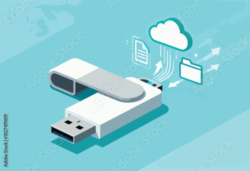 A white USB flash drive transferring data to the cloud, with document and folder icons on a blue background