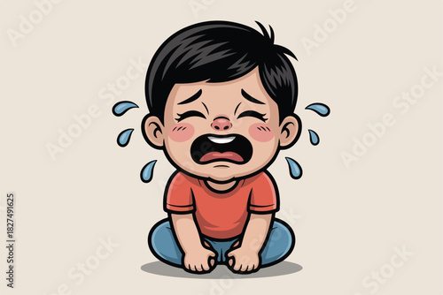 Cartoon child with tears, red shirt, blue pants, and black hair. Sitting down with a wide open mouth and sad expression