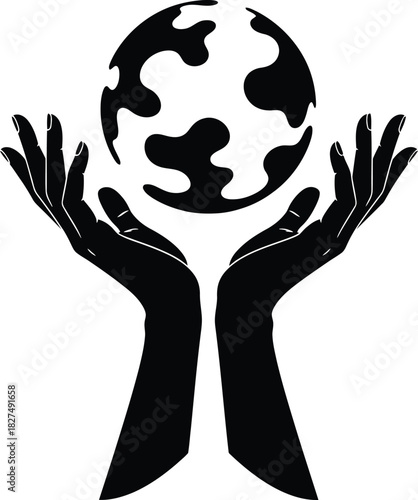 A black silhouette graphic of two cupped hands holding a stylized planet Earth globe.