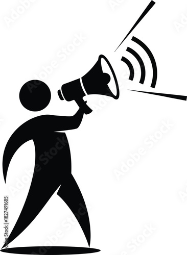 A black silhouette icon of a person walking and shouting through a megaphone making an announcement.