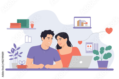 Vector illustration of a smiling couple looking at each other over a laptop, with decor and a house on screen